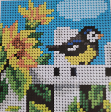 KINDER GOBELIN STICKPACKUNG - MEISE AUF ZAUN - BEDRUCKTER STRAMIN - 16,5x16,5cm