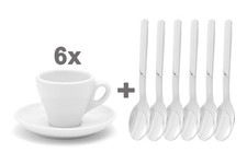 6 Porzellan Tassen dickwandig mit Unterteller und 6 Edelstahl Espresso Löffel