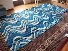 Vorhang Stoff 70-er blaue Wellen - 2 Stoffe230 x 172cm und 154cm  x 113cm