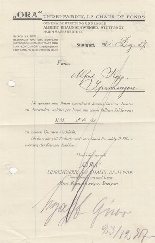 Stuttgart rechnung 1927 - stuttgart,, ora