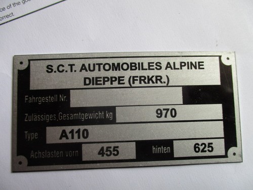 Typenschild renault alpine - typenschild,
