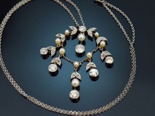 ANTIKES ENGLISCHES DIAMANT COLLIER MIT SAAT PERLEN GOLD 585 UND PLATIN UM 1915