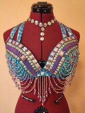 Bauchtanz Samba Kostüm in türkis, silber, pink, gelb Gr. M / BH 75-80 DD-E