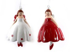 2x Dekohänger Engel Keramik | rot weiß | Hänger Baumschmuck 9 cm Weihnachten