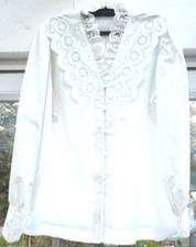 Damen Trachtenbluse Dirndlbluse Karlsbader Bluse Spitze Langarm weiß Gr.44#134uT