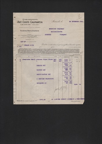 Lacanche rechnung 1926 - rechnung,