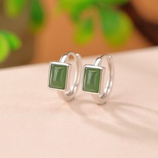 F02 Ohrringe Kreole rechteckige grüne Jade Sterling Silber 925
