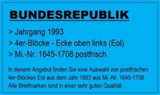 Auswahl BUND 1993 aus Mi.-Nr. 1645-1708 ** 4er-Blöcke Ecke oben links - Eol