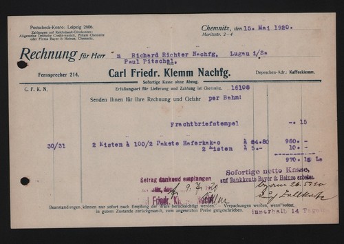 Chemnitz rechnung 1920 - chemnitz,, 1920,