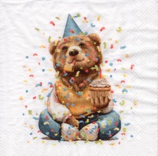 3 Servietten ~ Kindergeburtstag, Tiere, Bär mit Torte, Konfetti ~ 33x33