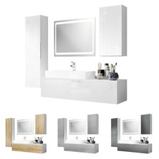 Badmöbel Komplett Set Weiß Badezimmer Schrank Spiegel LED Beleuchtung Beach