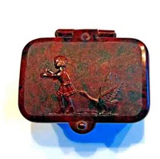 Schiefertafel-Schwammdose braun Bakelit Gans schnappt nach Mädchenrock 1950