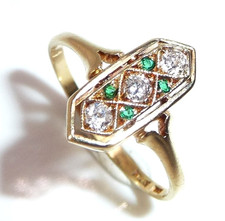 Ring antik Art Deco 585 Gelbgold 0.18ct Diamanten  Smaragde Gr: 57 änderbar
