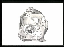 Künstler-AK Mann beobachtet Käfer im Hamsterrad in seinem Motorraum 