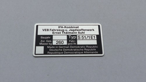 Typenschild simson s51 1e1 - typenschild, s51/1e1
