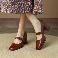 Frauen Block High Heel Square Toe Mary Jane Schuhe Schnalle Strap Pump Kleid