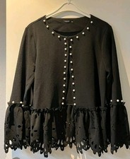 Bohemian Bluse Schwarz Lochstickerei Perlen Gr. 44