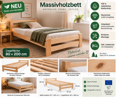 Massivholzbett 80x200 kiefer - massivholzbett,