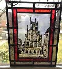 Bleiglas Fensterbild Buntglas mit Kette zum Aufhängen Kathedrale 34x27 cm