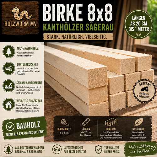 Birke kantholz 8x8 - kantholz, sägerau