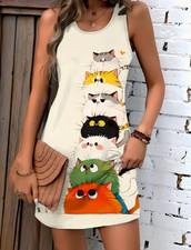 Charmantes Katzen-Print Trägerkleid für Damen - lässiger Frühlings-/Sommerkleid