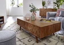 Couchtisch Holz natur Akazienholz massiv 120x70x40 Mosaik Muster Wohnzimmertisch