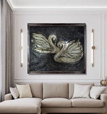 Gemälde Weiße Schwäne, Vogel Wandbild Gold, Struktur Bild Wohnzimmer, Epoxy Deko