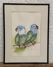 PAPAGEIEN original Aquarell Bild Zeichnung Rahmen Papagei Vogel Vögel auf Ast
