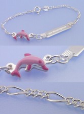 Echt 925 Silber GRAVUR Armband Figaro ID Gravurplatte rosa Delfin 12 -- 14,5 cm