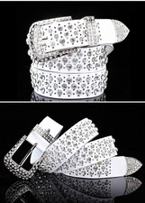 NEW Echtleder Strass Gürtel Hohl Kristall Besetzt Bling Bund