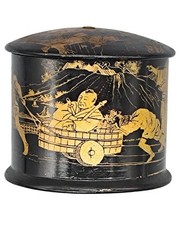 Antike Lack Dose in Schwarz & Gold – Handbemalt mit orientalischer Szene China o