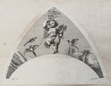 Putto Merkurstab Vögel - Audran n. Raffael Kupferstich Zwickel Farnesina 19.Jh.