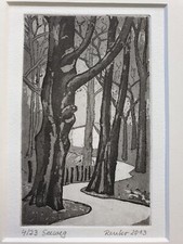 Kunstgrafik Aquatinta sign. Reuter 2013, 4/23, Seeweg, Wald, Natur, Bäume