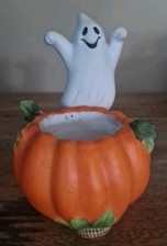PartyLite Teelichthalter Porzellan Geisterstunde mit Kürbis Teelicht, gebraucht