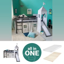 Hochbett 90x200 Kinderbett mit Rutsche Matratze Holz Weiß Grau Turm Homestyle4u