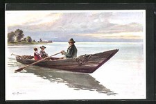Künstler-AK sign. Willy Moralt: Vater rudert mit Kindern auf den See raus 