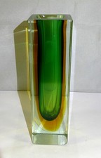 SOMMERSO MURANO ITALY Glas Vase - Blockvase - grün-gelb