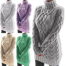 Damen Rollkragen Langarm Strickpullover Winter Warm Pulloverkleid Longshirts DE
