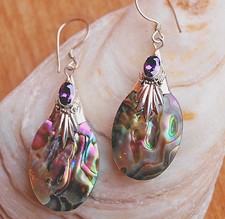 Lang Ohrhänger Abalone Paua Muschel Tropfen Silber Amethyst Vintage Ohrringe