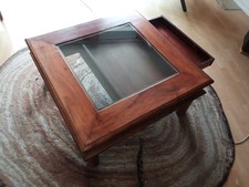 Massivholztisch indischer Stil, 90*90*40cm, mit Glasplatte und großer Schublade 