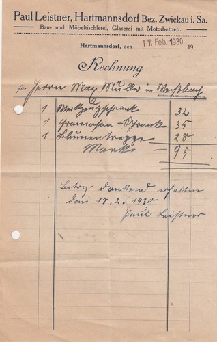 Hartmannsdorf rechnung 1930 - hartmannsdorf,,