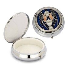 Rosenkranz Metalletui Motiv Kelch Hostiendose Silber Blau Einsatz innen 4cm 2531