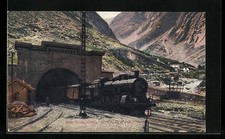 Ansichtskarte Gotthardbahn fährt duch gr. Tunnel, Schweizer Eisenbahn 