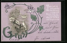 AK Weiße Tauben werden von Blüten und Blättern eingerahmt, Jugendstil 1899 