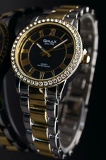 Mega Edle Omax Damen Armband Uhr Silber Gold Farben  Damenuhr Strass IP Veredelt