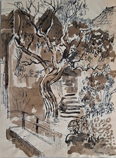 Roger signiert Garten mit Bäumen Tuschezeichnung Malerei Gemälde 1977