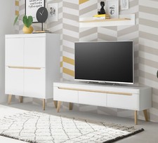 Wohnwand Anbauwand skandinavisch weiß matt Eiche Schrankwand Soft-Close Isgard