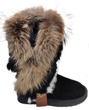 OOG Boots echtes Fell & Leder Damen Schuh Fellstiefel Bommel Winterstiefel Pelz