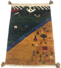 Kinder Teppich Gabbeh Handgeknüpfte Orient Perserteppich Grün Gelb Mehrfarbig