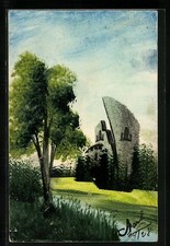 Künstler-AK Handgemalt: Eine alte Ruine am Wasser, Schablonenmalerei 